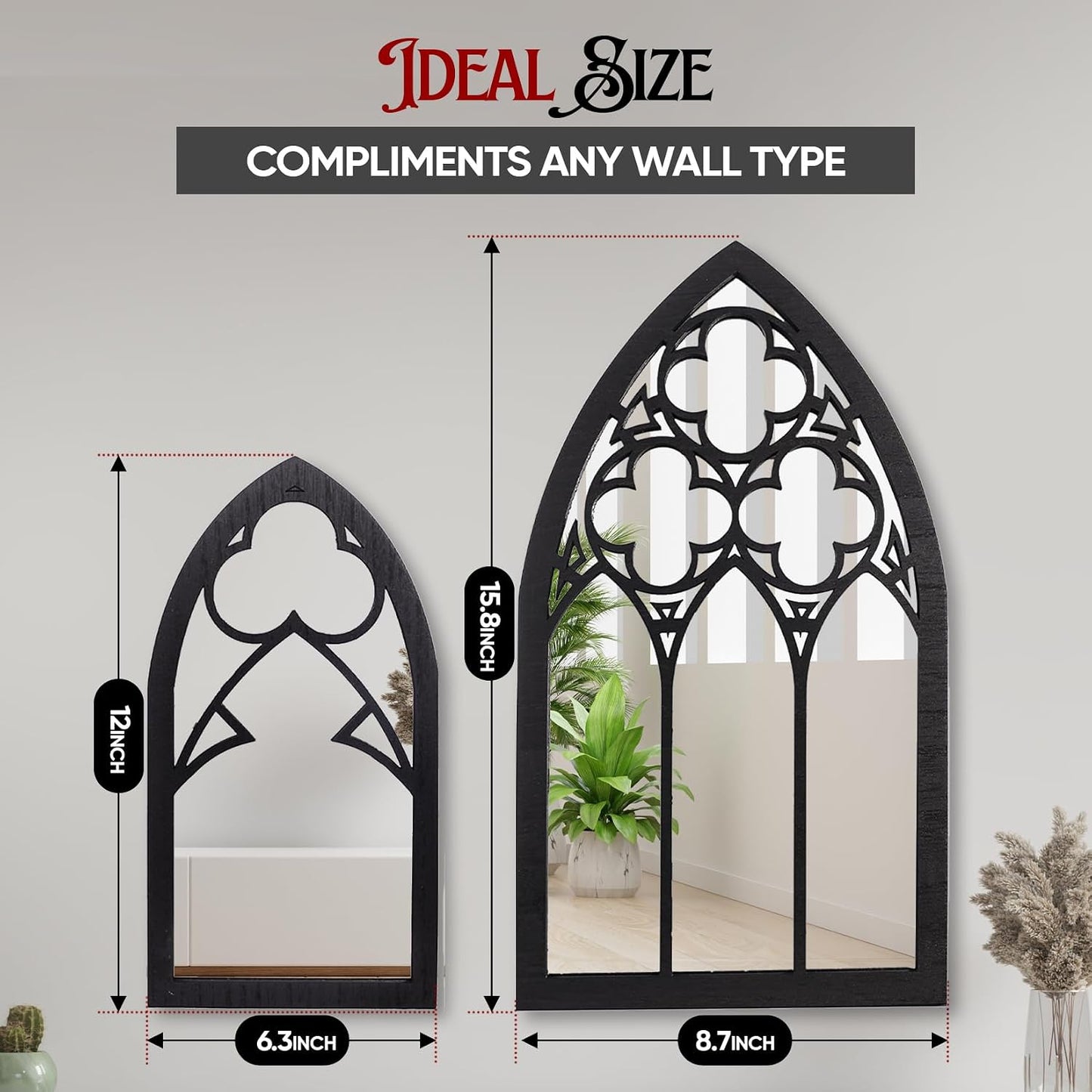 Gothic Mirrors Wall Decor - 3 Piece Set 15.8 Inch Gothic Furniture Cathedral Mirrors - Halloween Decor for Bathroom and Kitchen - Goth Accessories for Bedroom - Witchy Gifts for Women