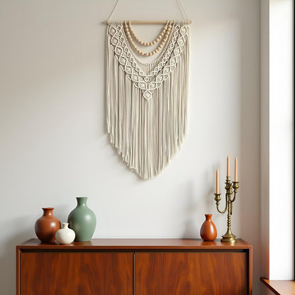 guzhiou Macrame Wall Hanging Boho Geometric Woven Tapestry Cotton Handmade Bohemian Art Decor with Wood Bead Wall Decor for Bedroom Living Room Apartment Nursery 31.5" L x 17" W (Wood bead-B)