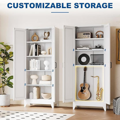 White Tall Farmhouse Metal Pantry Linen Storage Cabinet and Organizers - Image 5