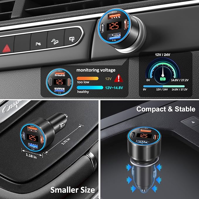 3 Pack USB C Car Charger, 4-Port 65W Dual 12V USB-A & USBC Cigarette Lighter - Image 5