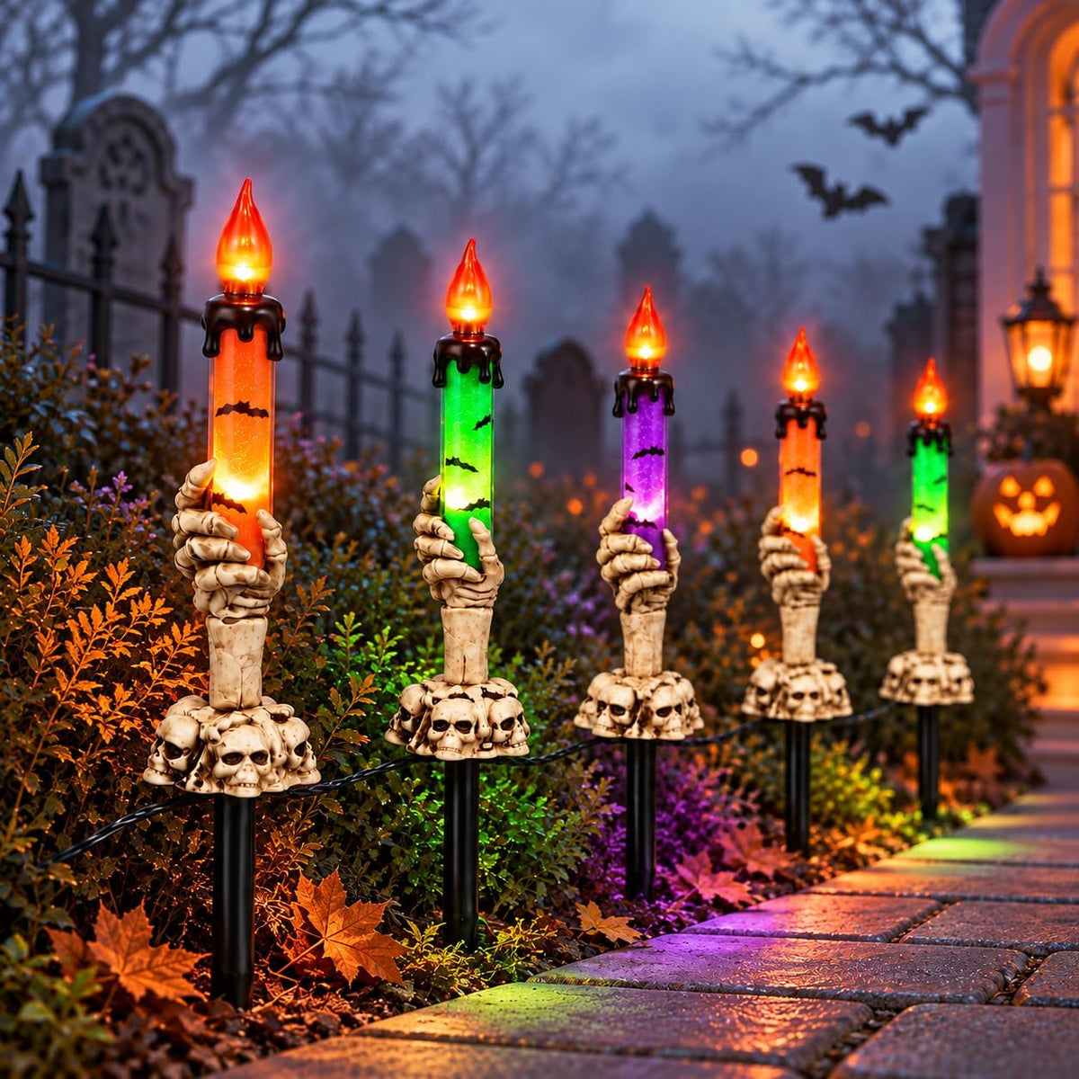 5-Pack Halloween Pathway Lights, Skeleton Hand Candle Yard Stakes