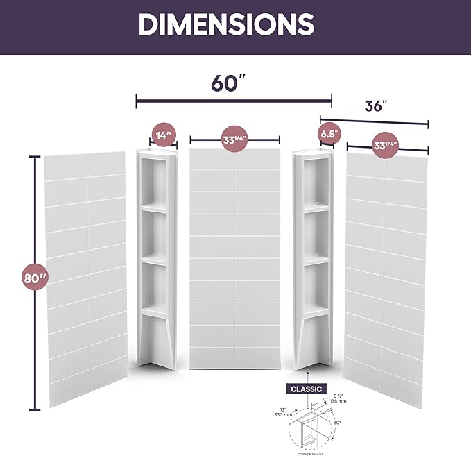 White Acrylic Shower Wall Surround 36"x 60"x 80" - Image 3