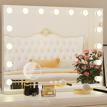 Hollywood Vanity Mirror with Lights, 15 Light Bulbs，3 Color Lights，Make Up Lighted Mirror, Aluminum Metal Frame,USB Charging Port（23" x 18"）