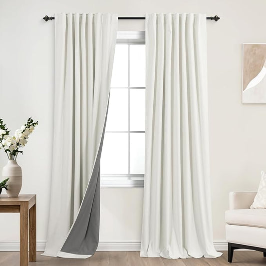 KOUFALL Ivory Blackout Curtains 90 Inches Long, Linen Back Tab Black Out by KOUFALL