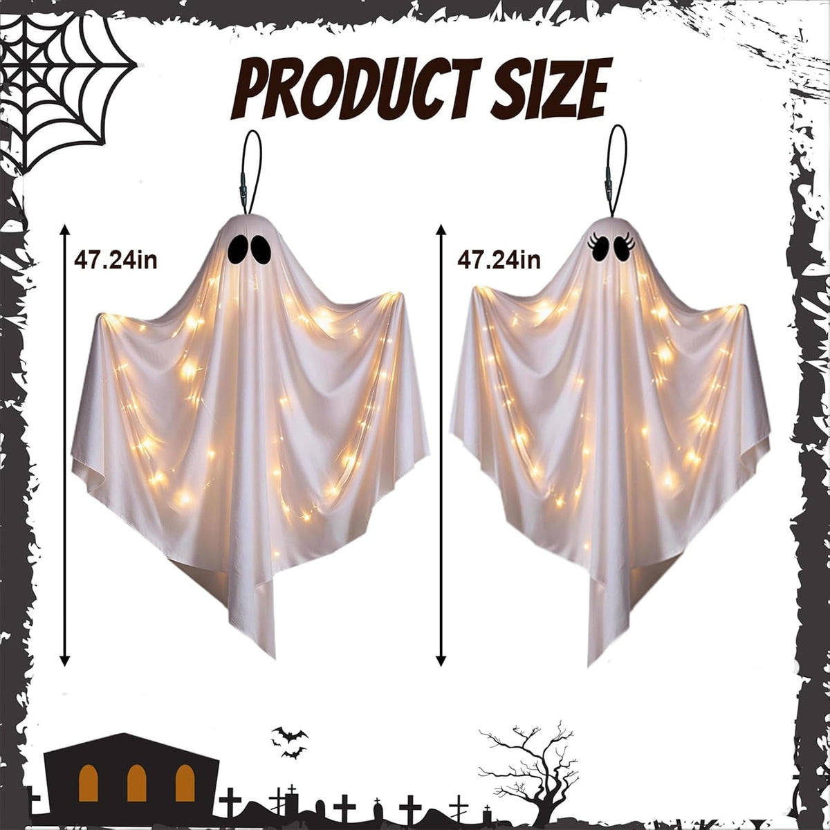 2 Pack 47.25" Light Up Hanging Ghost Halloween Decorations Outdoor Indoor