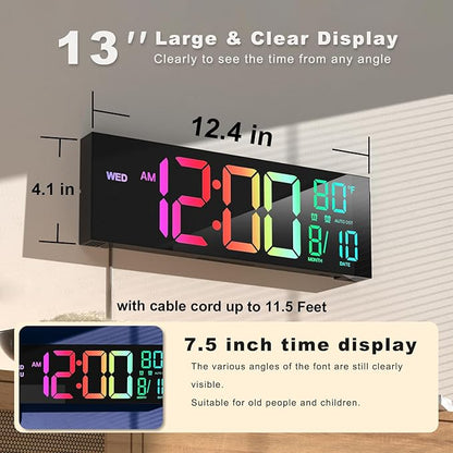JALL 13" Large Digital Wall Mount Clock, Count Down Timer, Big LED, 8 RGB Color - Image 2