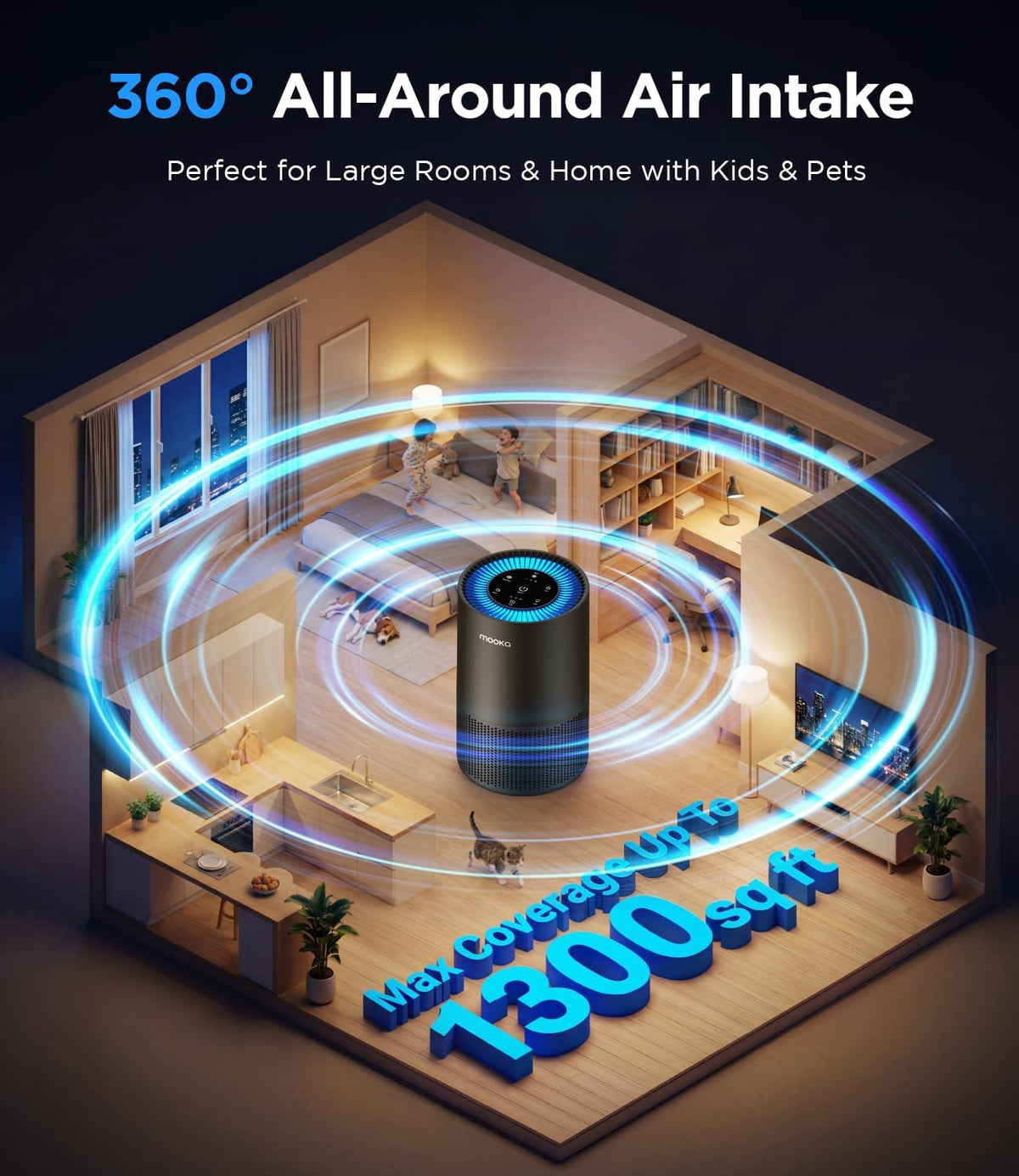 mooka h13 hepa air purifier for home pet showing dimensions