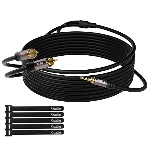 3.5mm to RCA Cable 25FT, 2 Male RCA to Aux Stereo Audio Adapter, Hi-Fi Sound by Kxable