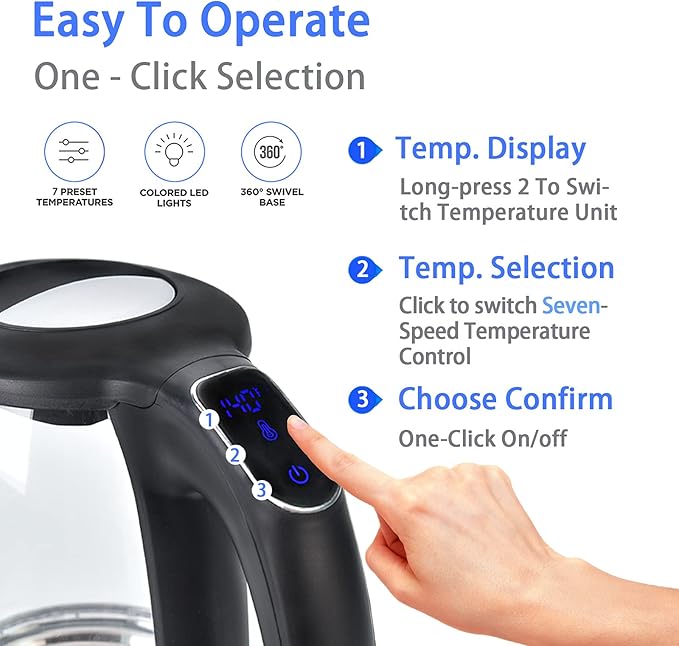 ShanSon 1.7L Electric Glass Kettle 1500W Temperature Control Fast Water Boiler - Image 2