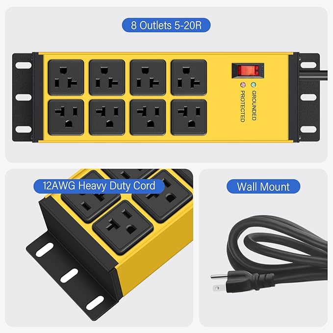CCCEI 2PCS Heavy Duty Power Strip Surge Protector 20 AMP, 8 Outlets 12 Gauge - Image 6