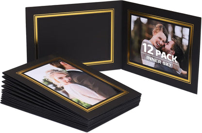 5x7 Photo Folder, Black Cardboard Picture Frame, Horizontal Double Sided Hot Gold Stamping Paper Photo Frame Cards Pack of 12.