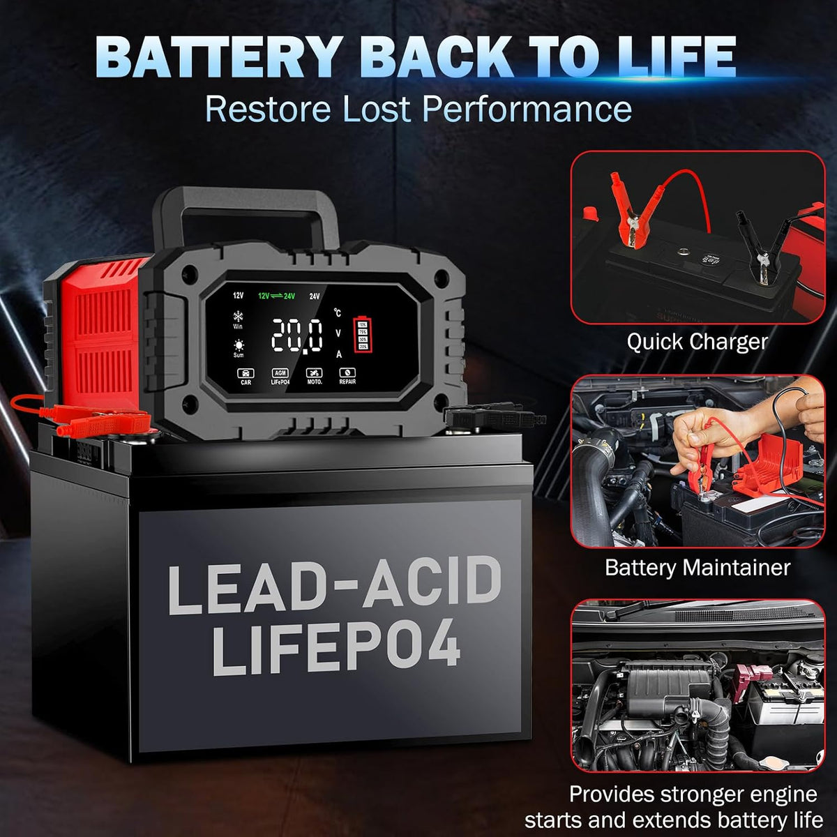 20-amp car battery charger, 12v/20a and 24v/10a lifepo4,lead-acid(agm/gel/sla), package contents