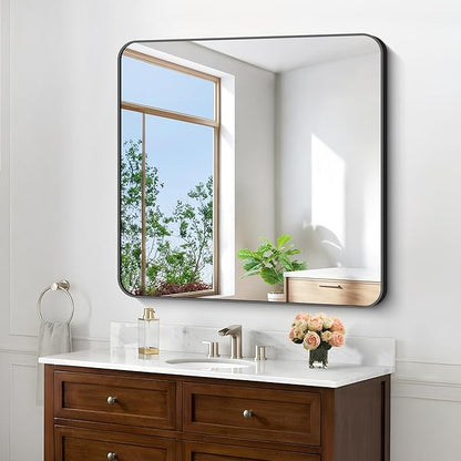 Black Bathroom Mirrors for Wall, Rounded Corner Metal Frame Wall Mirror by WelcometoCIVENO