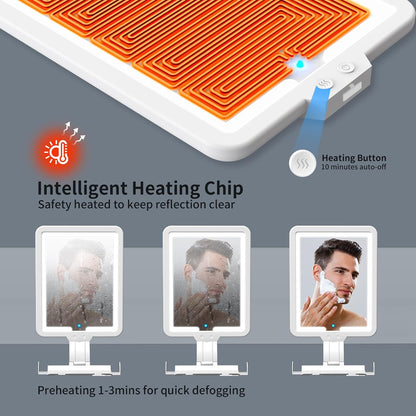 Heated Shower Mirror Fogless for Shaving, 3 Color Dimming Shower Shaving Mirror, 9.5 * 8inch Anti-Fog Shower Mirror with Lights, Wall-Mounted Large Shaving Mirror with Razor Holder