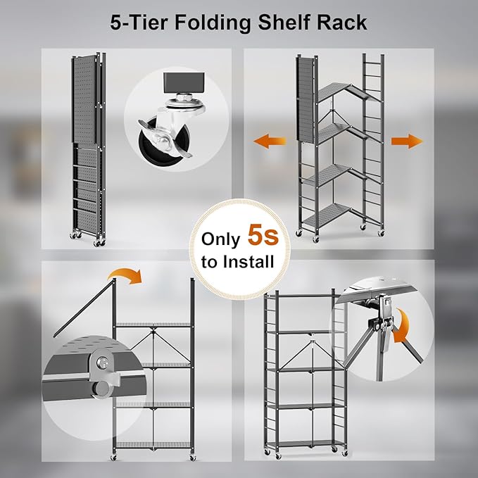 Himix Storage Shelves with 20 Hooks, 5-Tier Foldable Shelves - Image 5