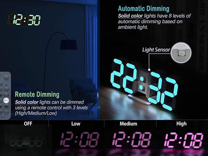 KOSUMOSU Wall Clock Neon Digital Clock 3D LED Desk Clock Large Display 9.7" RGB - Image 4