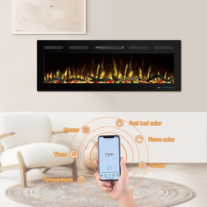 50" WiFi Electric Fireplace Inserts, Recessed and Wall Mounted Fireplace Heater - Image 3