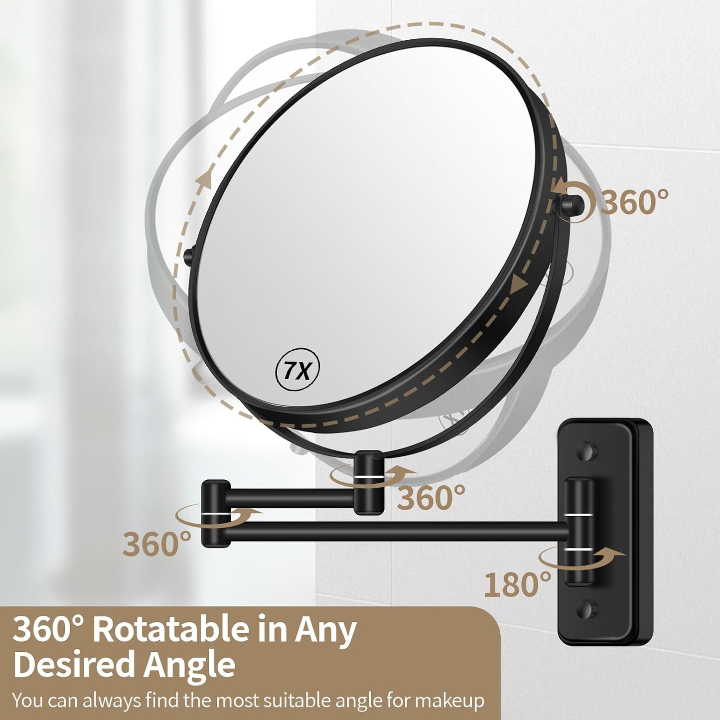 BTremary 8” Wall Mounted Magnifying Makeup Mirror 1X/7X Wall Mount Mirror Swing Arm Two-Sided 360° Swivel Bathroom Shaving Mirror for Men and Women in Hotel/Home, Black