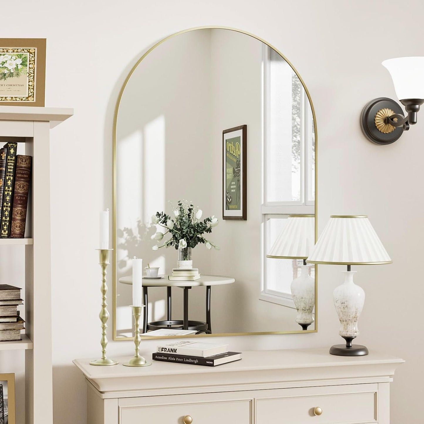 Rowjut Gold Arched Bathroom Mirror for Wall-36"X24" Wall Mirror for Living Room, Bedroom, Bathroom, Dressing Room Hanging Vanity Mirror for Wall Decoration