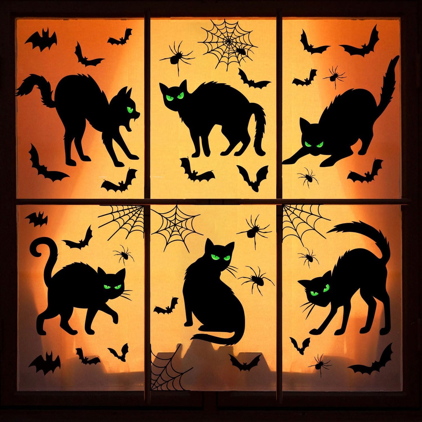 Halloween Black Cat Window Clings Decorations, Spooky Haunted House Bats Spider Web Scary Decals, Silhouette Removable Double-Side Black Cats Window Sticker Halloween Party Supplies 6 Sheets