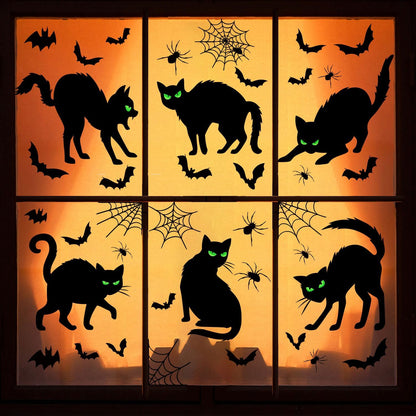 Halloween Black Cat Window Clings Decorations, Spooky Haunted House Bats Spider Web Scary Decals, Silhouette Removable Double-Side Black Cats Window Sticker Halloween Party Supplies 6 Sheets