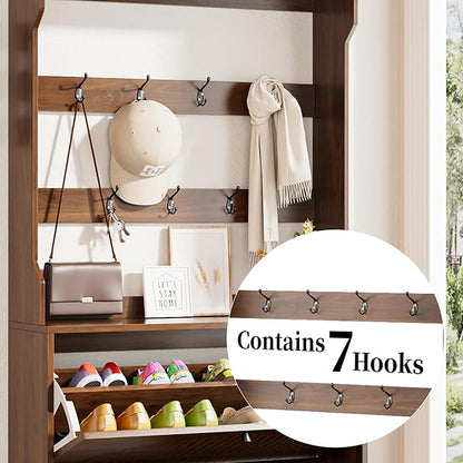 Shoe Cabinet for Entryway with 2 Flip Drawers & Coat Rack, Narrow Hidden Shoe - Image 8
