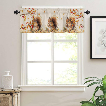 Squirrel Fall Window Valance Curtains, Farmhouse Maple Tree Leaf Window Treatment for Kitchen, Bathroom, Bedroom, Thanksgiving Day Autumn Botanical Rod Pocket Short Curtain 1 Panel, 54x18 in