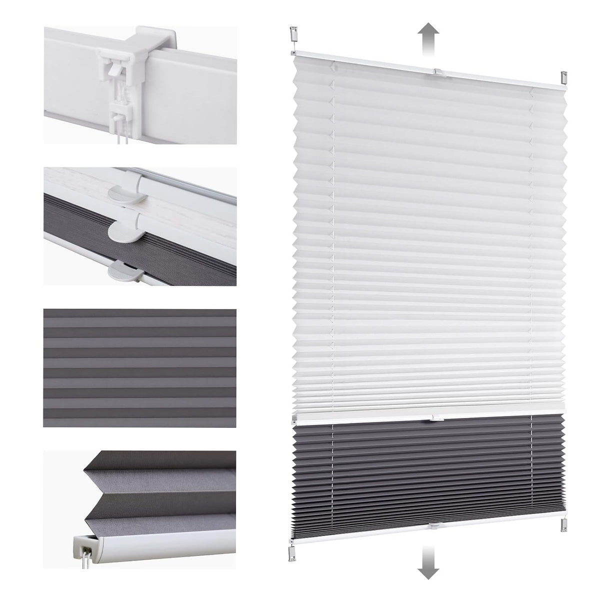 Sekey Pleated Blind Double Pleated Day+Night Blackout No Drilling Tensioned Light Protection Klemmfix 70 x 100 cm White and Grey