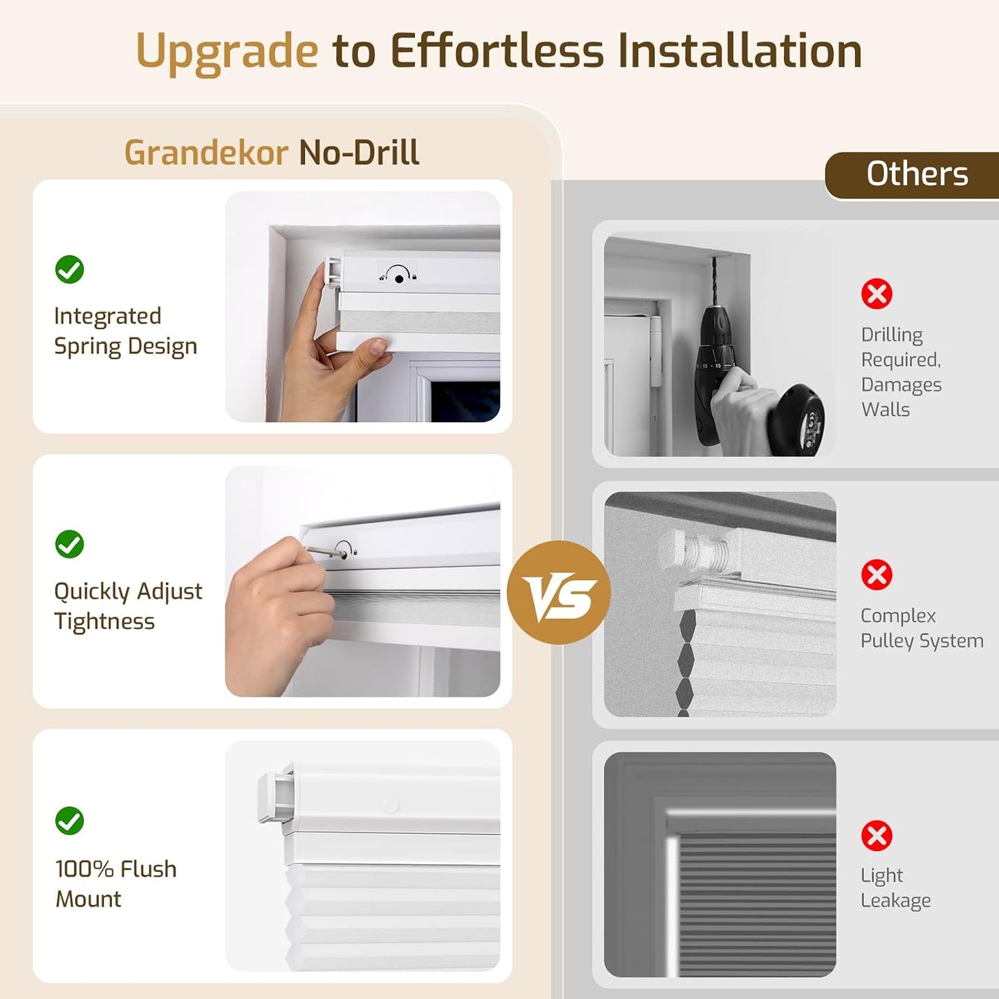 Grandekor No Drill Top Down Bottom Up Cellular Shades Blackout,27Wx64H | 1.5" Large Cell Honeycomb Design with Thermal Insulation, Cordless Operation, Privacy Control & No-Drill Rental Friendly