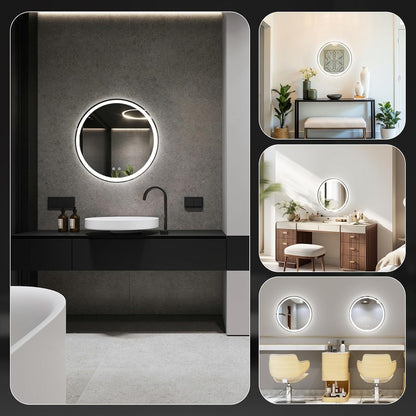 Simple Deluxe Round LED Bathroom Mirror with Lights, Smart Anti-Fog LED Bathroom Mirror with Circular Dual Lights and 3-Color Temperature Memory dimming (24inch)