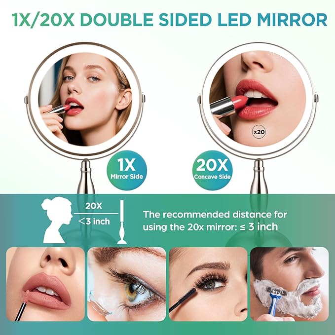 20x Magnifying Mirror with Light, 5000mAh Lighted Makeup Mirror with 3 Color - Image 2