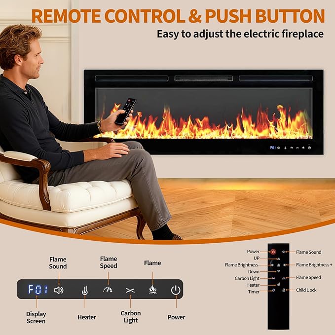 72" Smart Electric Fireplace Wall Mount, 1500w Heater - Image 4
