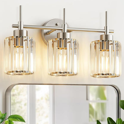 EJIAXIN 3 Light Crystal Bathroom Light Fixtures, Brushed Nickel Vanity Mirror by WelcometoEJIAXIN