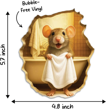 GRITKULTURE Removable Mouse Taking a Shower in Mouse Hole Decal Sticker 5.1inch 2 Pack. Mouse Hole in the Wall Sticker with 3D Effect. Wall Decoration, Funny Gift, Potty Training, Prank (#5)