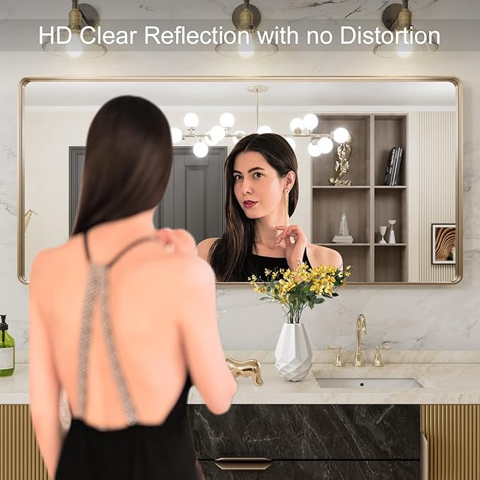 LOAAO 60”X28” Gold Bathroom Mirror, Rounded Rectangle Gold Frame Mirror - Image 2