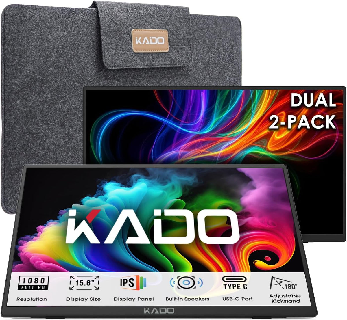 Kado 2-Pack 15.6-Inch 1080p IPS Monitor Extender for Laptop 1920x1080 USB-C