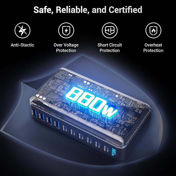Zeroffi 880W USB C Charger Block, 10-Port USB Fast Charging Station Hub - Image 3