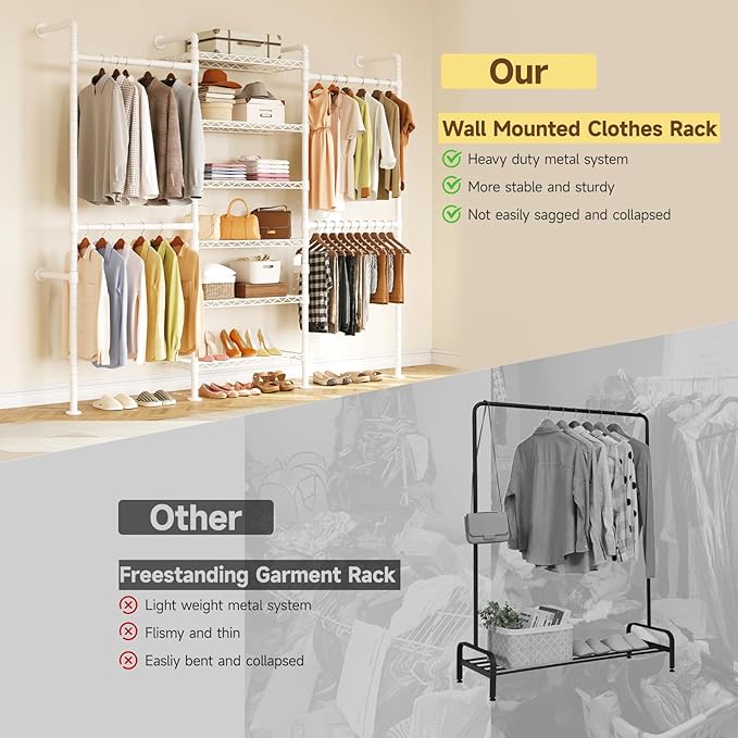 ONBRILL H3 Wall Mounted Closet System, Expandable Industrial Pipe Clothes Rack - Image 4