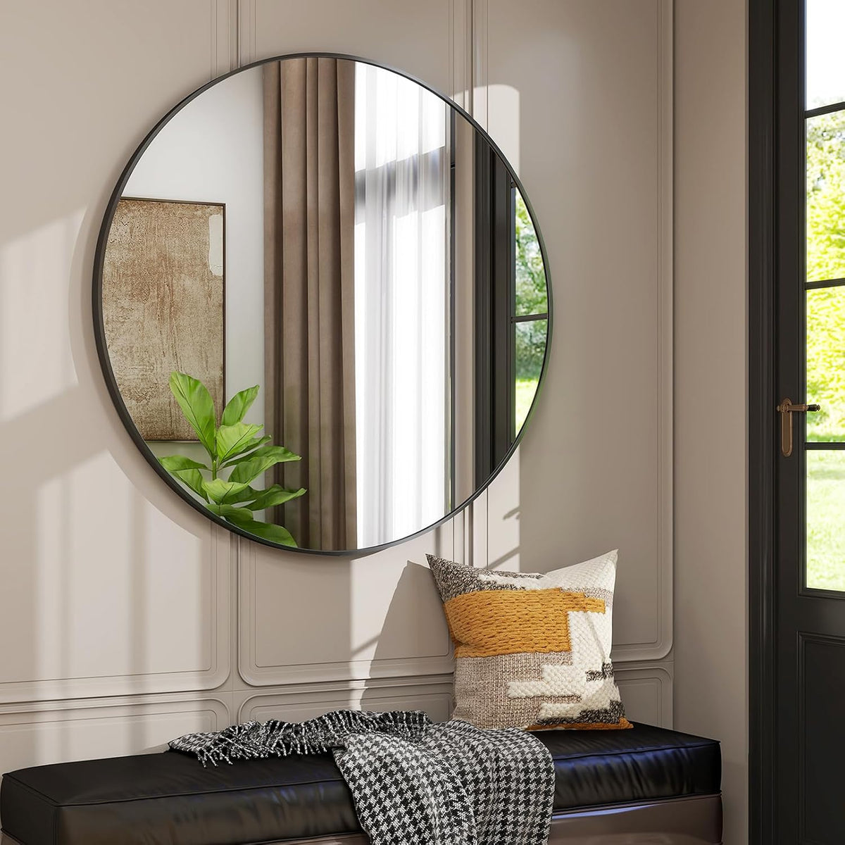 42 Inch Round Bathroom Mirror - Black Wall Mounted Circle Mirror with Metal Frame, Modern Round Hanging Mirror Suitable for Bathroom, Vanity, Entryway, Living Room