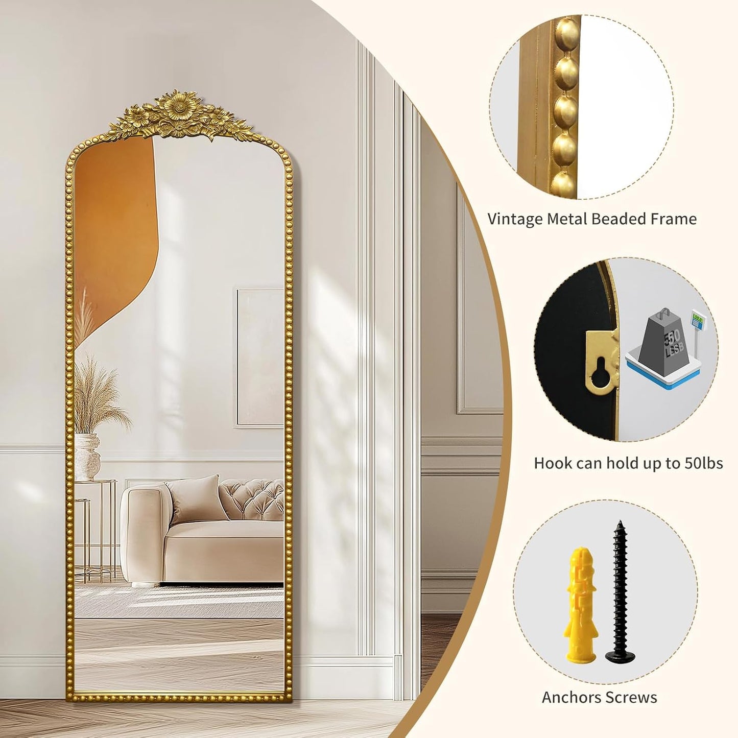 Full Length Mirror, 22x65 Baroque Style Vintage Mirror, Antique Metal Frame Wall Mirror, Traditional Art Home Decor for Living Room, Bedroom, Entryway,Retro Gold