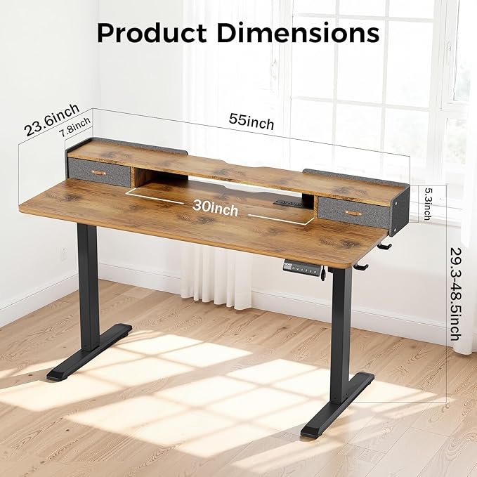 Electric Standing Desk with Drawers, 55 Inch Height Adjustable Desk with Power - Image 2