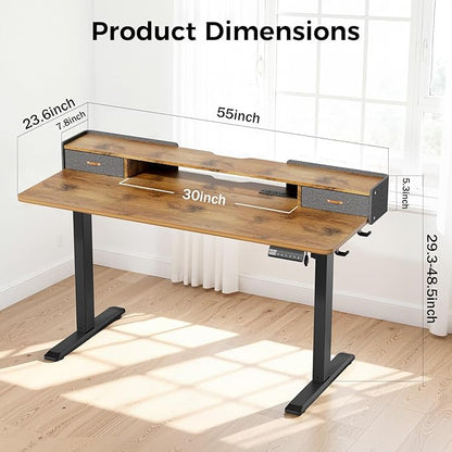 Electric Standing Desk with Drawers, 55 Inch Height Adjustable Desk with Power - Image 2