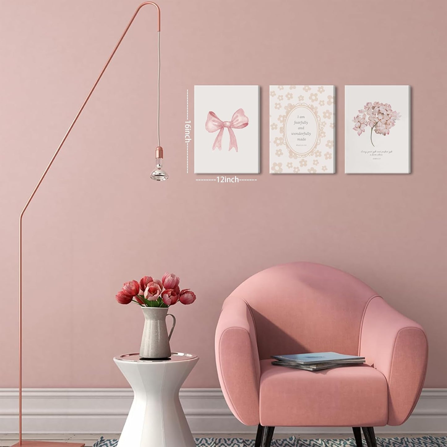 Nursery Christian Wall Art Set of 3, Bible Verse Canvas Wall Decor, Coquette Pink Bow Prints Paintings, Girl Nursery Room Pictures for Bedroom Kids Room 12x16 Inch Framed