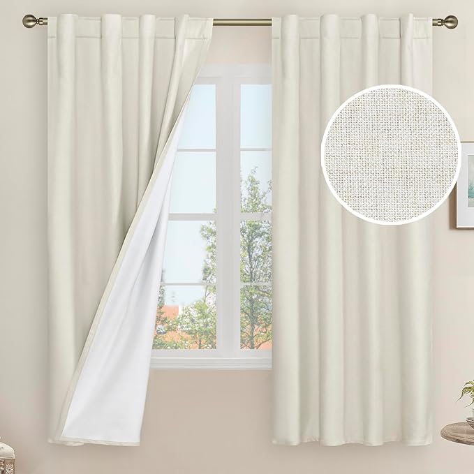 LAMIT Natural 100% Blackout Linen Curtains, 63 Inches Linen Textured Thermal by LAMIT