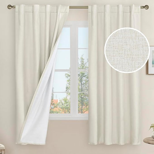 LAMIT Natural 100% Blackout Linen Curtains, 63 Inches Linen Textured Thermal by LAMIT