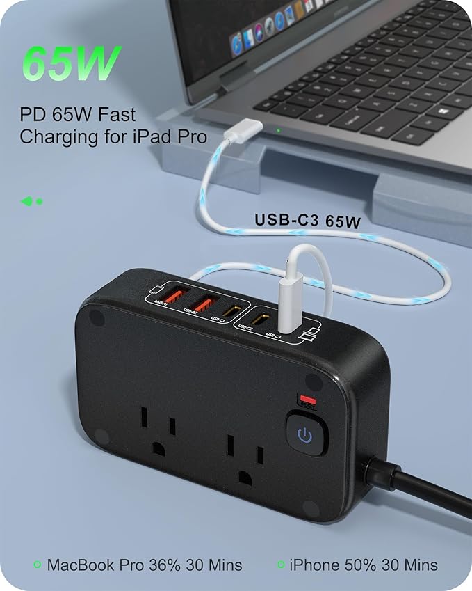 KWRNVO 7-in-1 Power Strip, PD GaN 65W USB C Power Strip - Image 3
