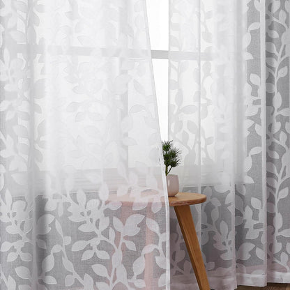 White Sheer Curtains 54 inches Long 2 Panels for Living Room, Jacquard Clip Leaf Pattern Textured Light Filtering Window Semi Sheer Voile Drapes for Bedroom, Each Panel 42 x 54 Inch