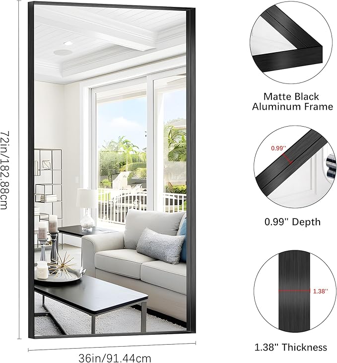 Black Bathroom Mirror, 72x36 Inch Rectangular Deep Frame Mirror, Large Wall - Image 3