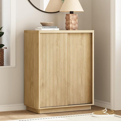 Fluted Shoe Cabinet with Sliding Door Set of 2, 6-Tier Large Hidden Storage - Image 8