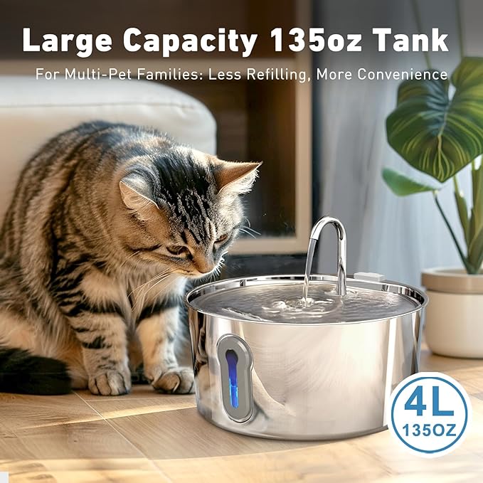 Cat Water Fountain, 4.0L/135oz Automatic Pet Fountain Stainless Steel Large Dog - Image 4